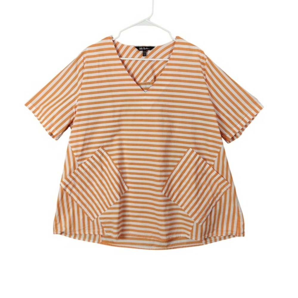 Ulla Popken Lagen Boxy Orange White Stripe VNeck Short Sleeve Tunic Top Women 22